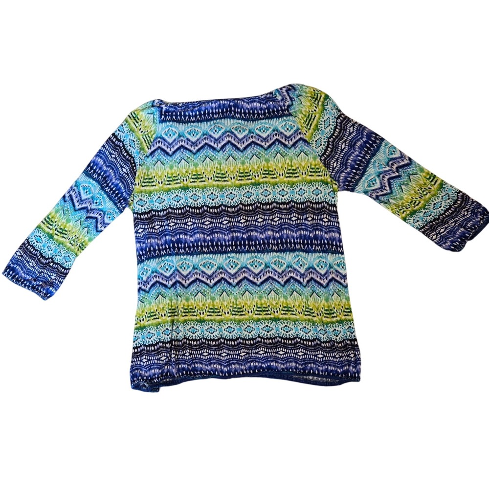 Jones New York Sport Women XXL Blue Green Ikat Geometric 3/4 Sleeve Peasant Top - Picture 8 of 8